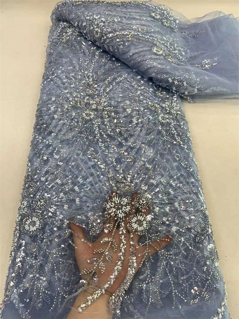 

French Beaded Lace Fabric Blue For Wedding Dresses Luxury Handmade Crystal Beads High Quality Bridal African Sequined Tulle