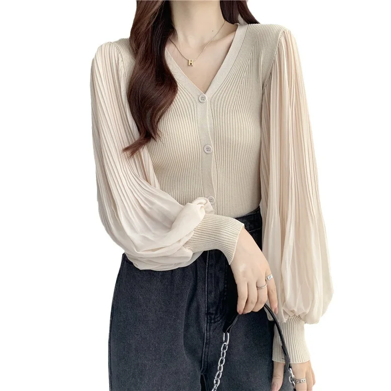 Women V Neck Long Sleeve Knitted Sweater Cardigan