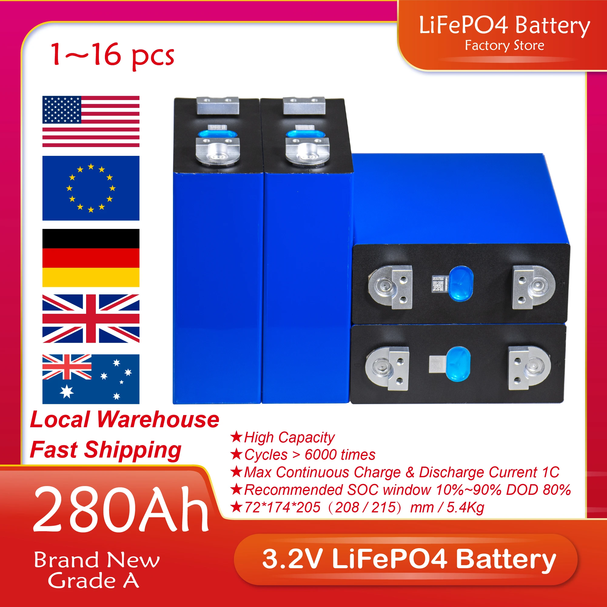 

1/2/4/8/16/32PCS 280AH 3.2V LiFePO4 Battery LF280K Brand New A Grade With Busbar DIY 12V 24V 48V Batterie Pack For RV EV
