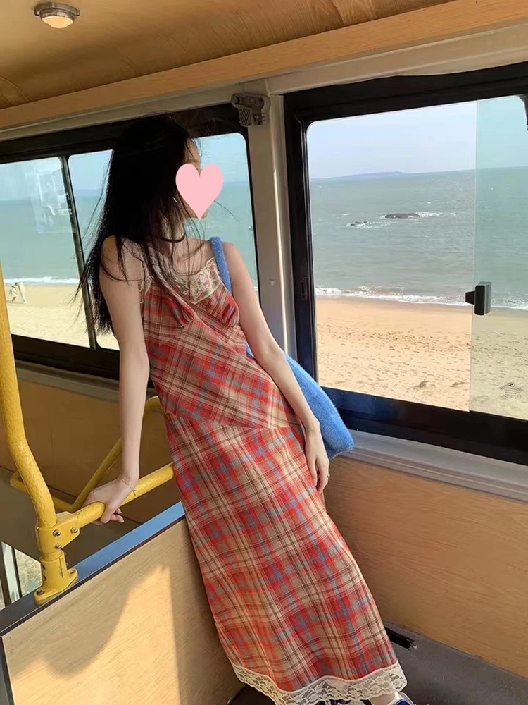 

French Vintage Lace Contrast Plaid Women's Suspender Dress Summer Young Girl Thin Sexy Sleeveless Backless Tank Dresses Female