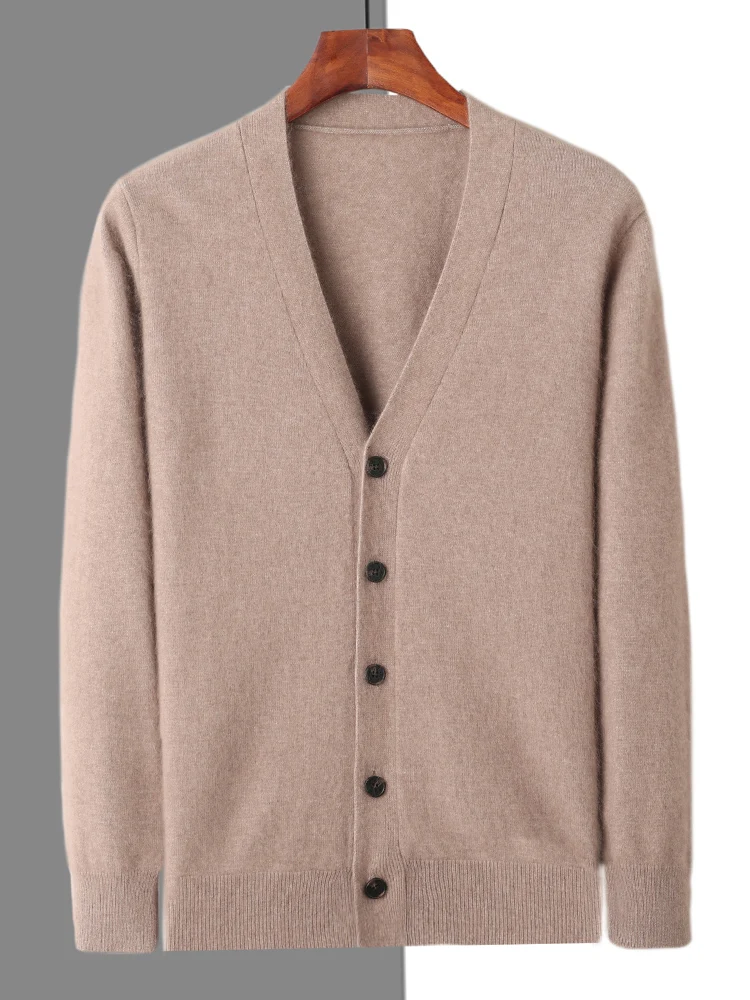 Spring Autumn Men V-neck Cardigan 100% Mink Cashmere Sweater Smart Casual Solid Comfort Cashmere Knitwear Korean Popular Clothes 5