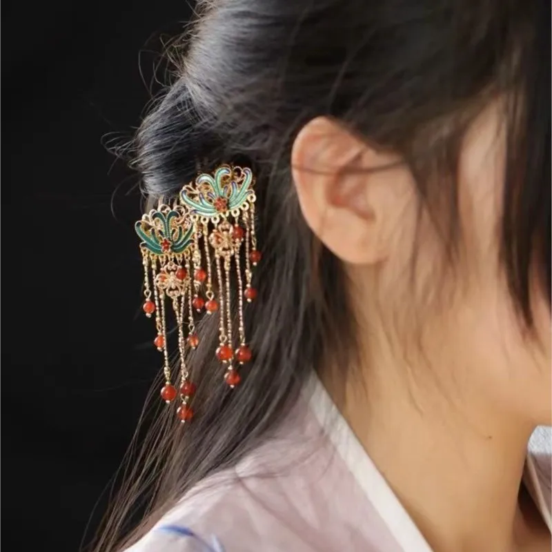 

Ancient Hairpins Burnt Blue Hair Combs Fringes Red Retro Song Ming Dynasty Temperament Versatile Cheongsam Headdress