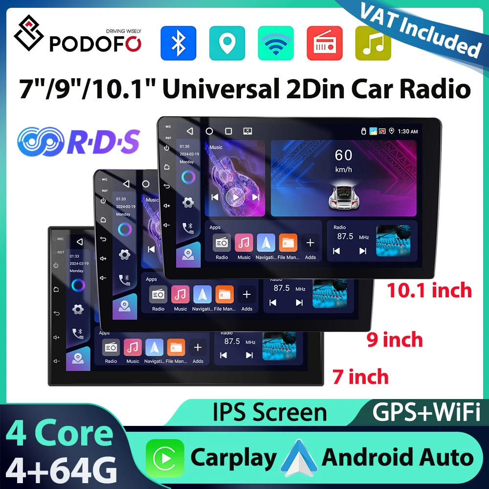 Radio para Auto Podofo 4+64G 7''/9''/10.1'' Reproductor Multimedia Universal Carplay Android Auto WIFI GPS Navegación 4 Núcleos FM RDS EQ USB 1