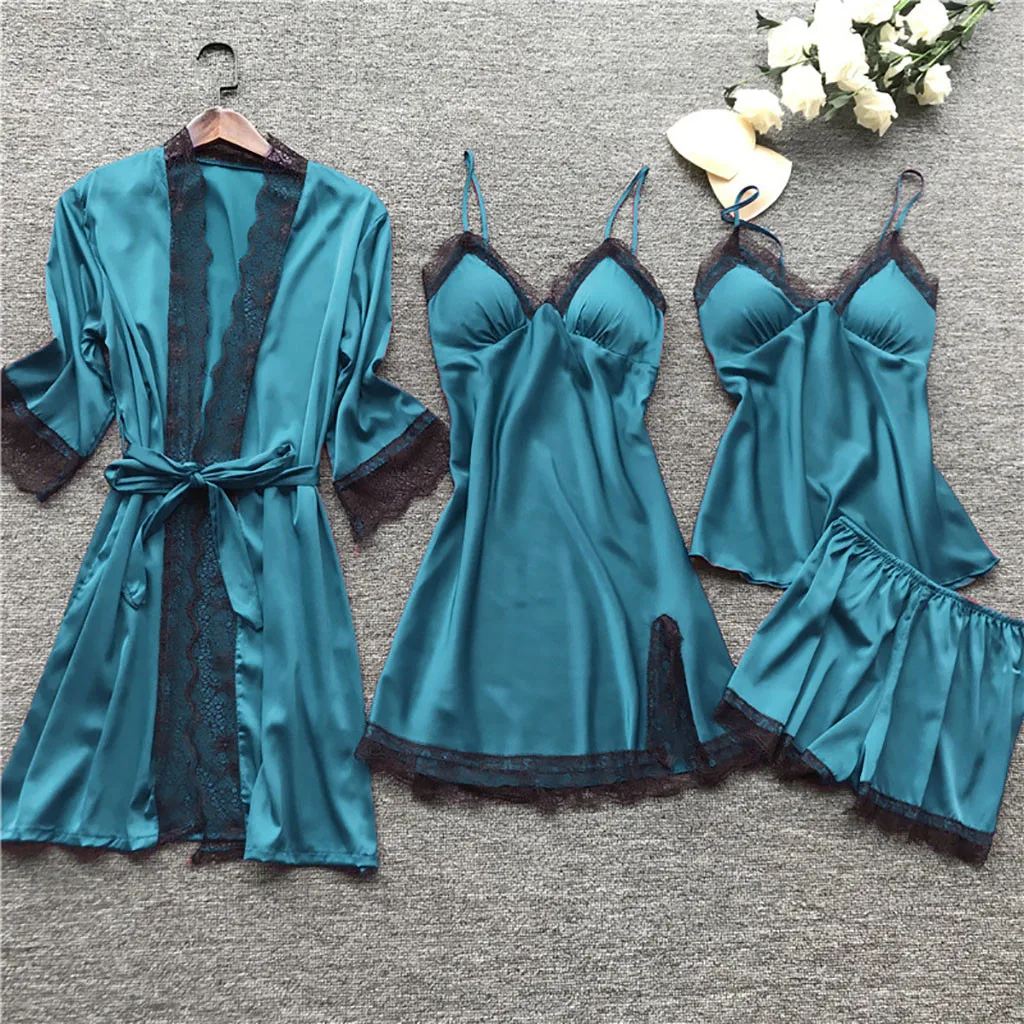 Pajama Sets Sleepwear Sets Satin Silk Women Lace Robe Dress Set 4pcs Lingerie Sleepwear Set Pajamas Nightdress Women Secret Clothes Night Gown