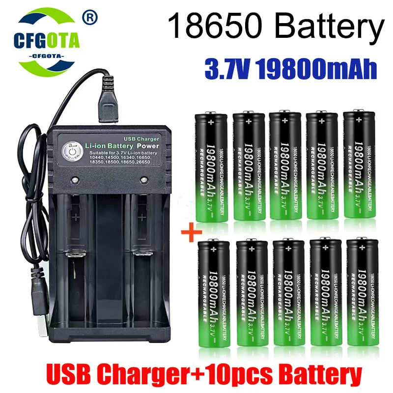 

18650 Lithium Batteries Flashlight 18650 Rechargeable-Battery 3.7V 19800 Mah for Flashlight + USB Charger +Free Delivery