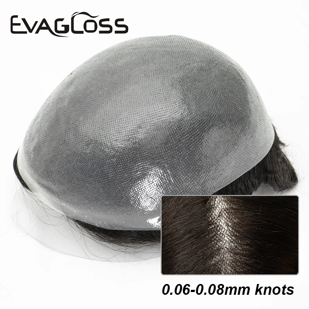 Natural Hairline Skin Pu With Knots Human Hair Toupee Men Wig 0.06mm Knot Male Hair Prosthesis Hair Replacement System For Men 3