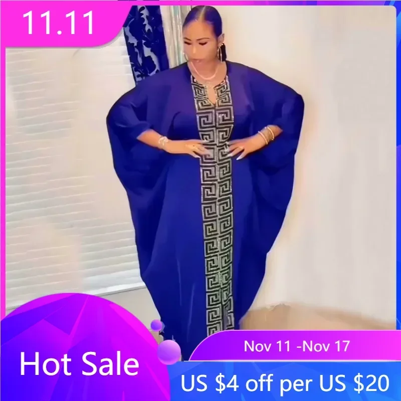 

Fashion African woman large size bat sleeve dress Muslim Islamic style robe imitation silk hot Hot Fix Rhinestone