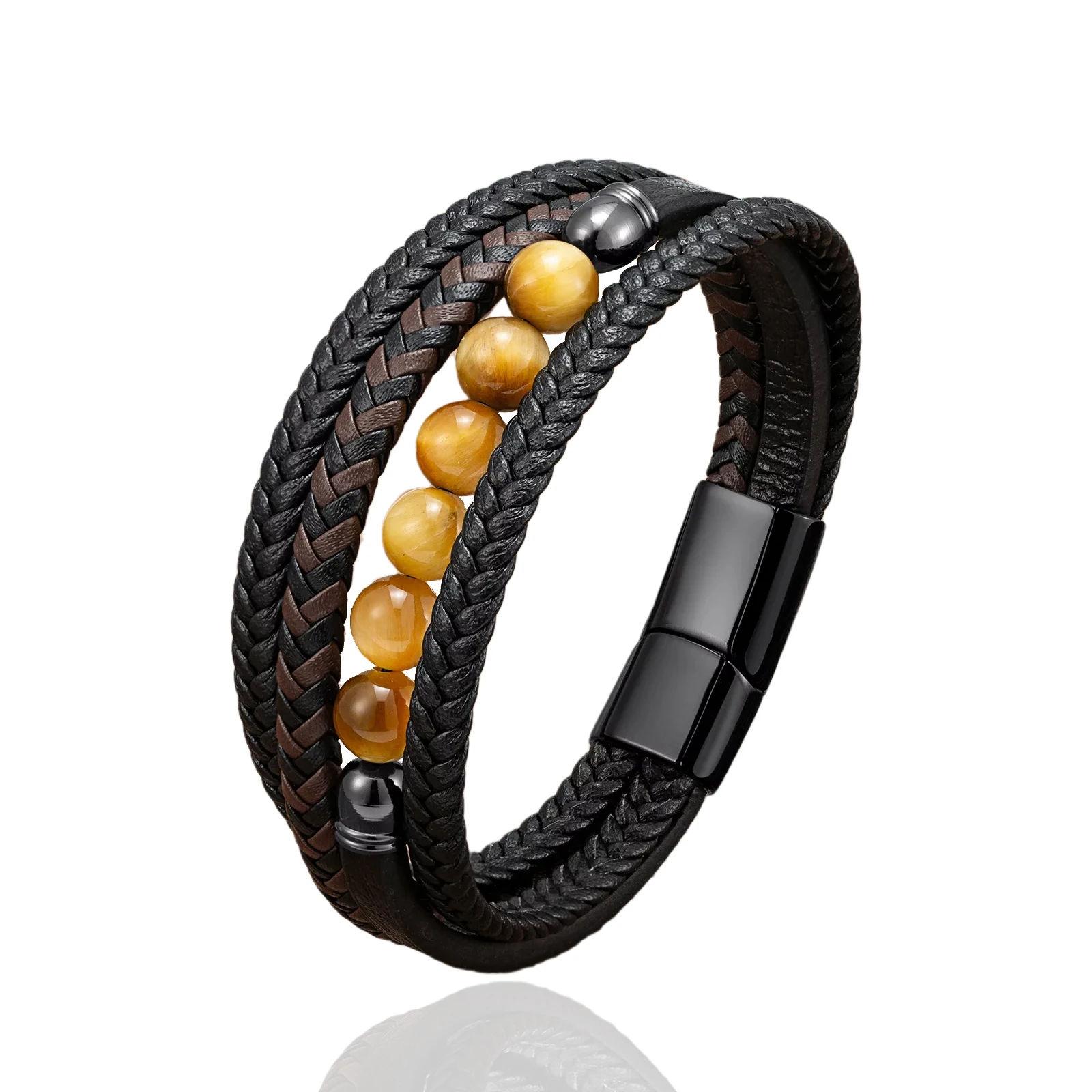 Moda multi-camada trançado em camadas pulseira de couro aço inoxidável fivela magnética pulseiras para masculino feminino pulseira de jóias