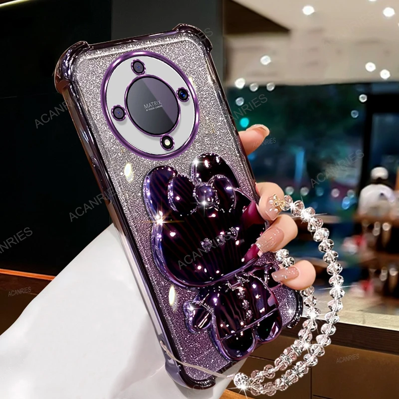 Plating Anti-Fall Silicone Case with Mirror Rabbit Stand and Clear Bead Chain