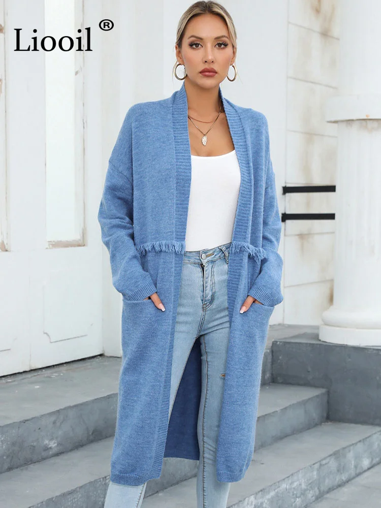 

Women Knitted Long Cardigan Sweater Tassel Jackets And Coats With Pockets 2023 New In Knitwears Ribbed Loose Sweaters Outerwear