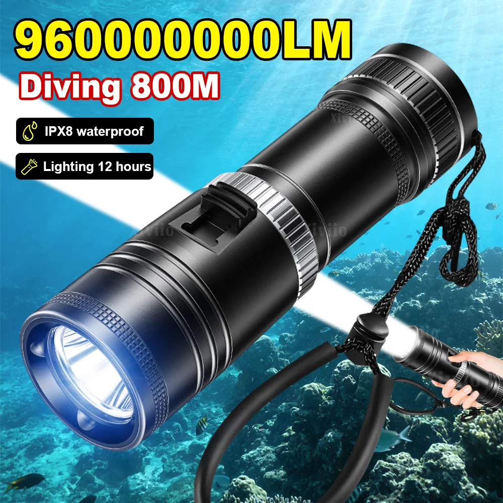96000000LM 전문 LED 다이빙 손전등 초강력 빔 수중 토치 강력한 스쿠버 다이빙 손전등 (핸드 로프 포함),수중랜턴 어항 조명 집어등100w 수중집어등 갈치낚시 채비 어항조명 해루질 수중 써치라이트