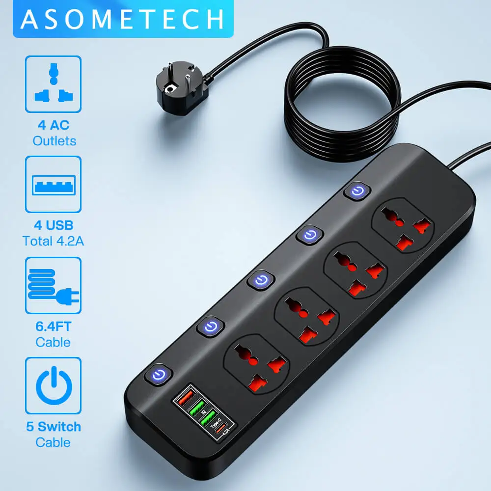 Rede Filtro Power Strip 2500w com Soquete Universal Múltiplo Usb e Swich ue Eua Reino Unido Plug Soquete Extensão Cabo para Casa