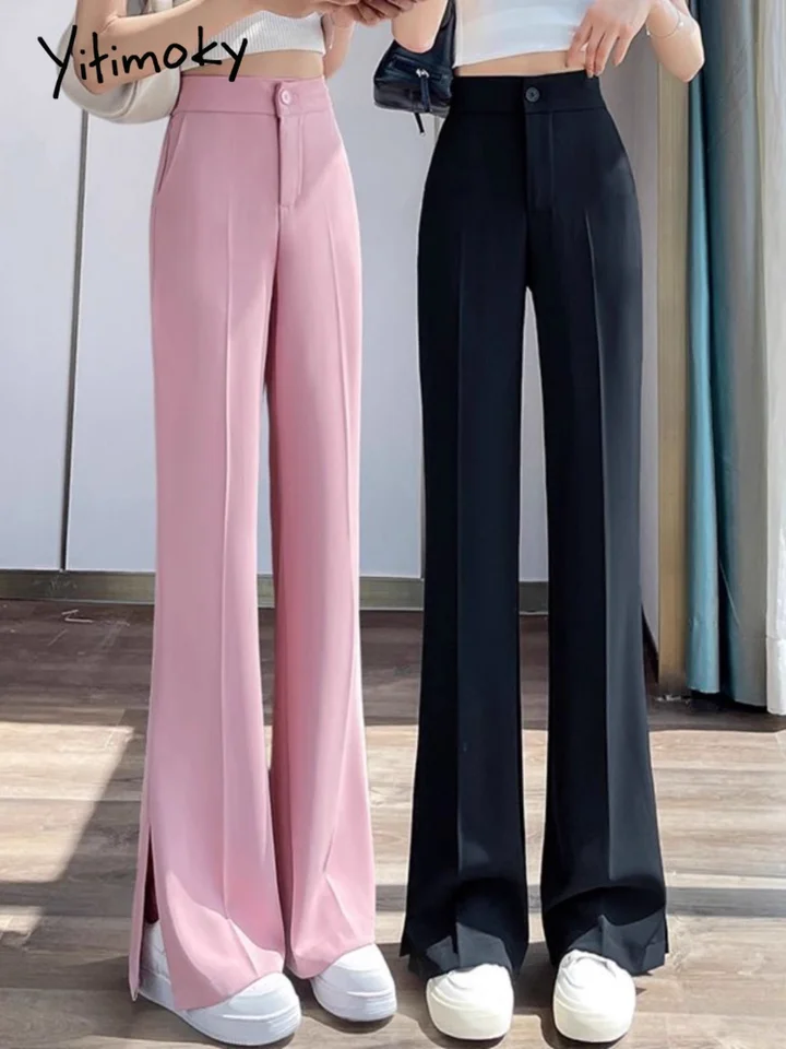 Yitimoky Side Split Wide Leg Suits Pants for Women Summer 2023 Office Ladies  Work Pants Back Elastic Band High Waisted Trousers - AliExpress