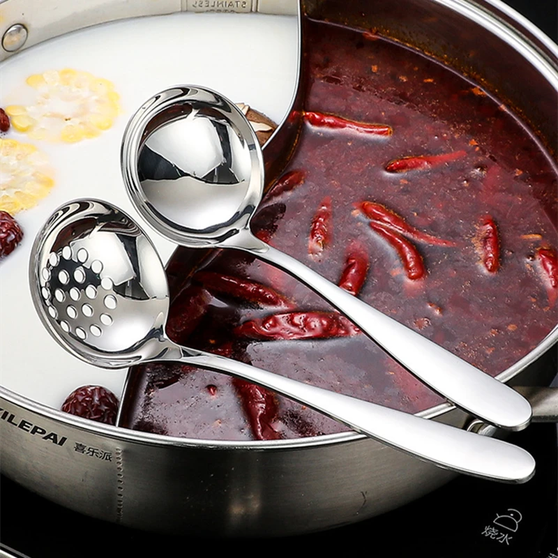 304 Stainless Steel Soup Ladle Long Handle Hot Pot Spoon Colander Large Ramen Tablespoons Skimmer Kitchen Porridge Scoop Stainless Steel Spoon