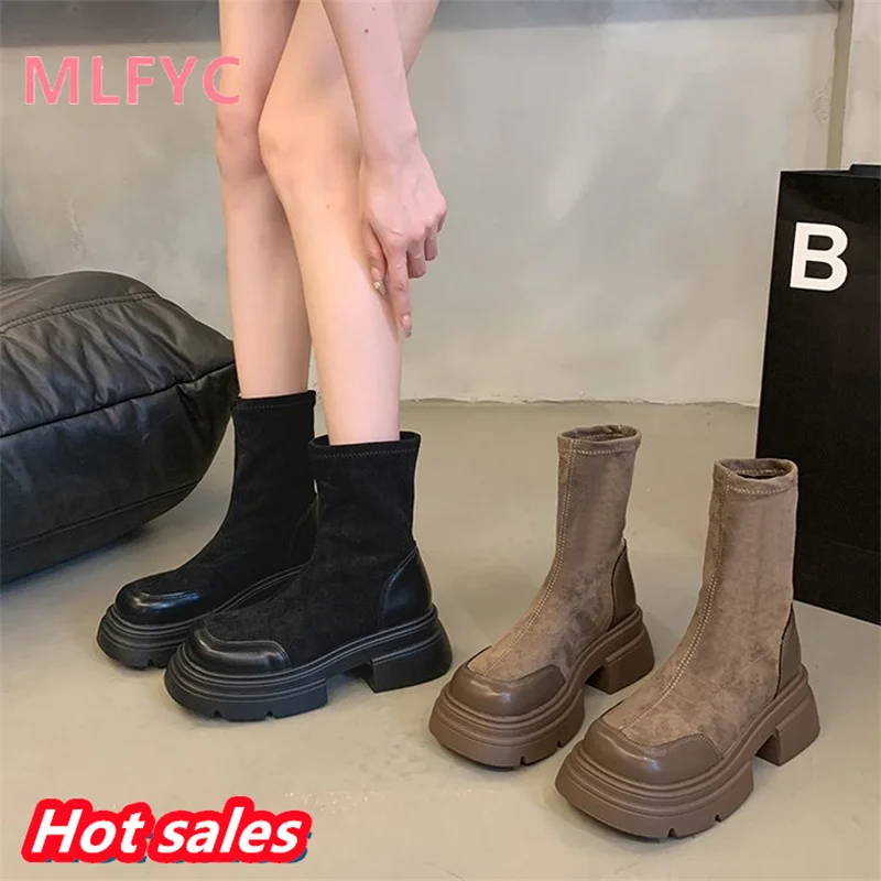 Showy Feet Small Thick Sole Retro British Style Women's Boots Summer 2023 New Brown Thick Heel Elevated Super Hot Short Boots
