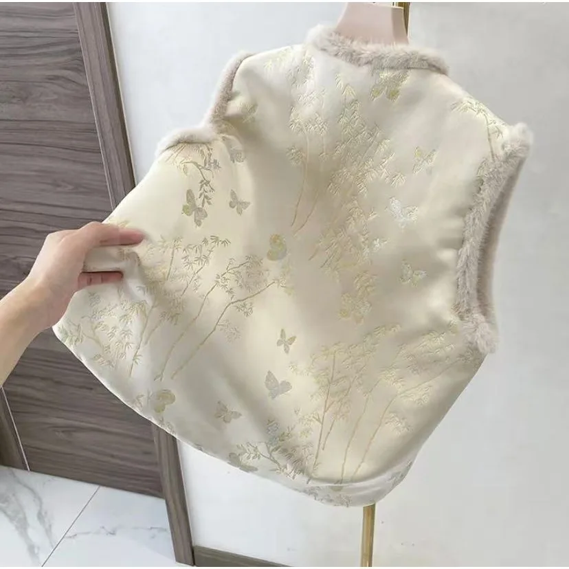 Autumn Winter Thicken Cotton Chinese Style Top Women Warm Qipao Vest Embroider Flower Sleeveless Jacket Hanfu Coat Costume