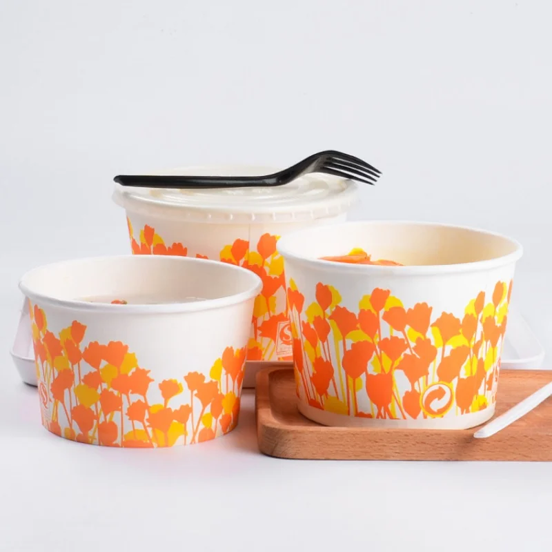 

Customized product0011 Custom Printed Disposable Food Packing Take Away Kraft Paper Salad Noodles Soup Bowls with Lid