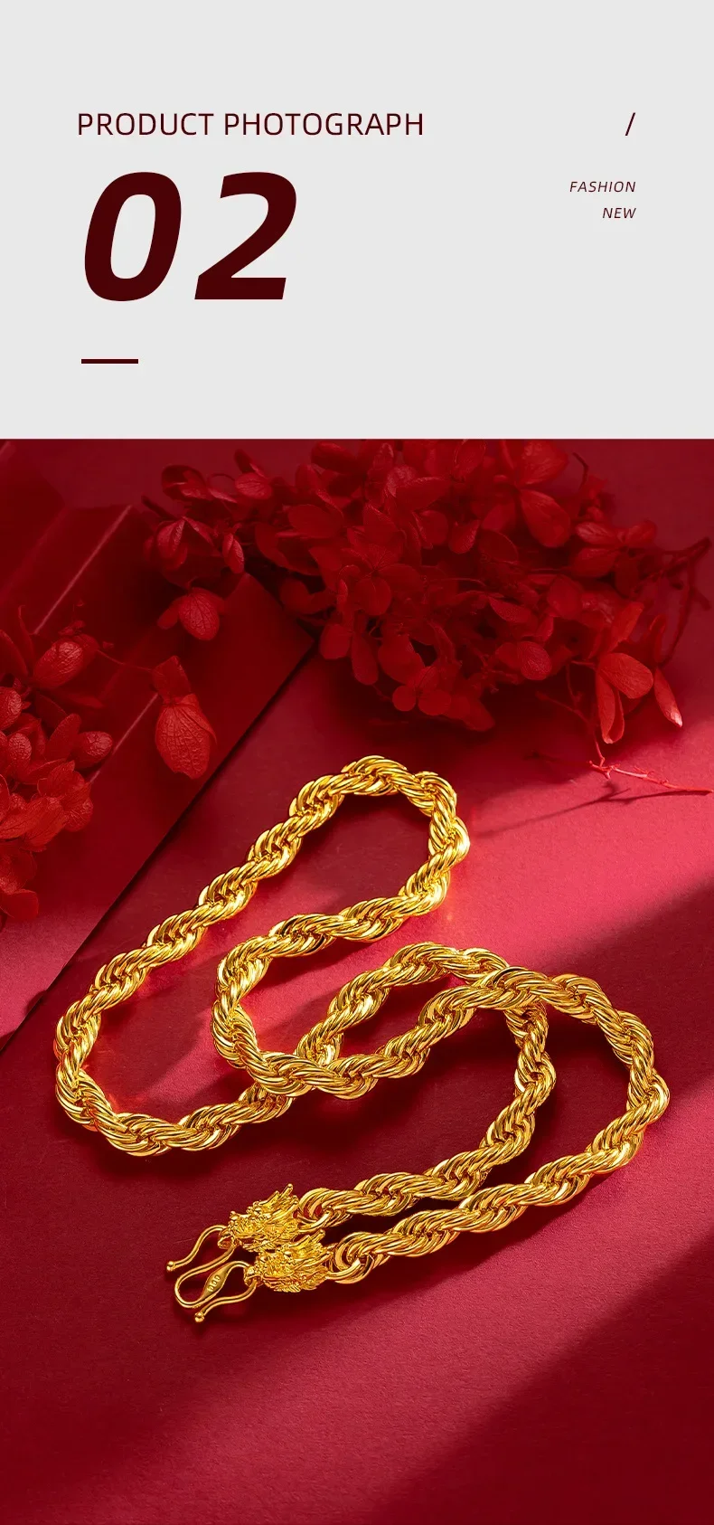 High-Quality 24K 9999 Real Gold Yellow Gold Men's Fried Dough Twists Neck Chain, packed Local Tyrant Head Necklace