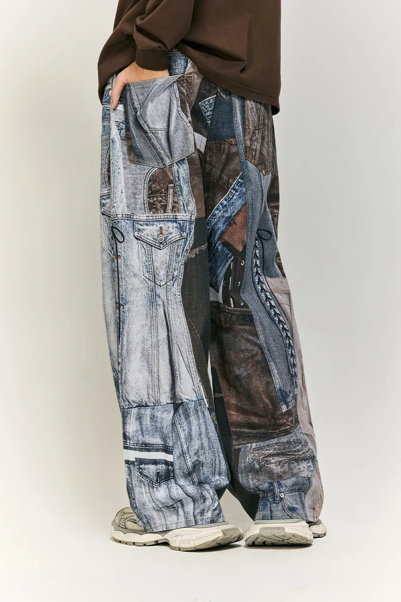 Streetwear Vintage Retro Jeans Man Patchwork Straight Loose Spliced Hole Full Length Denim Pants 3