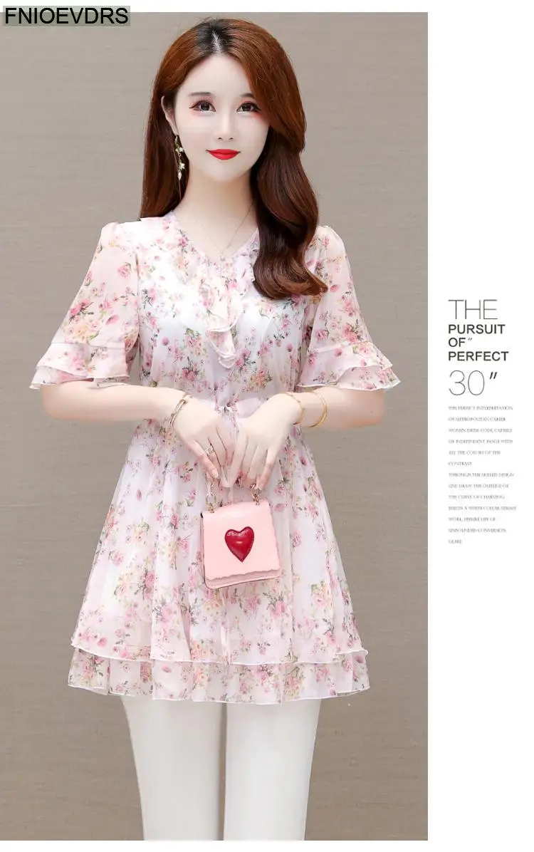 M-5XL 2023 Clothes Clothes Women European Style Elegant Basic Shirt Floral Print Retro Ruffles Belly Tunic Peplum Top Blouses