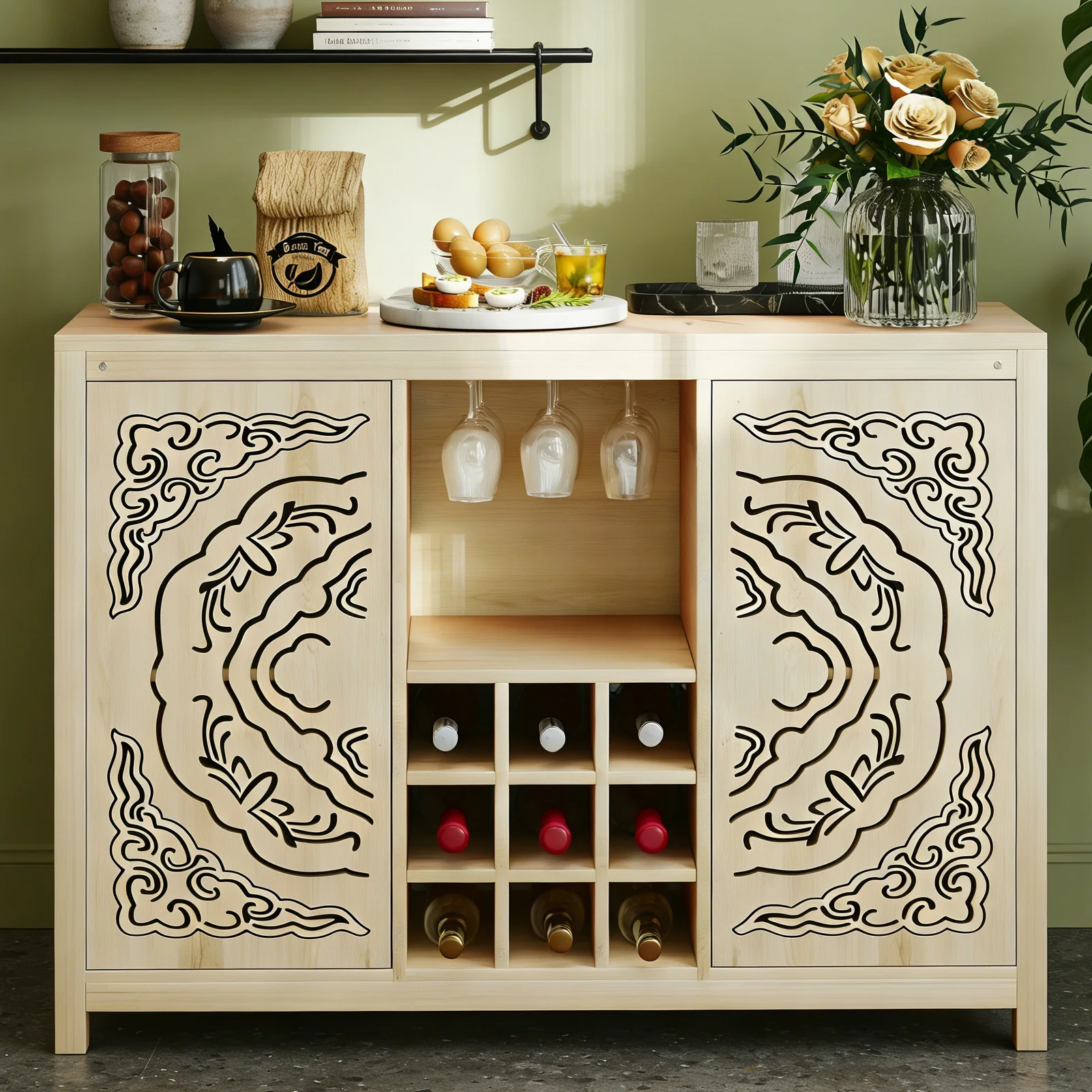 NEW Wine Bar Cabinet with 2 Doors MDF et Storage Liquor Cabinet Wine Rack and Glass Holder for Living Dining Room Kitchen