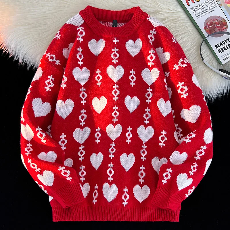 Men's Autumn Love Embroidered Sweater Crewneck Knitted Long-sleeved Versatile Cardigan Casual Men's Warm Sweater