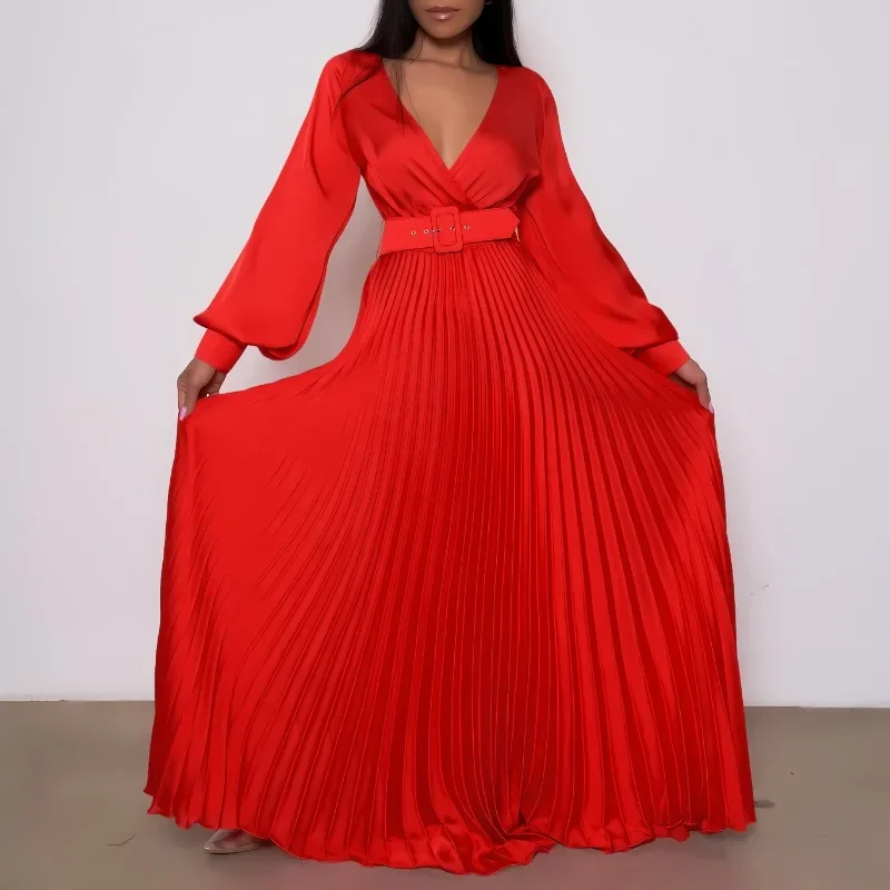 Elegant Long Sleeve High Waist Pleated Robe Dress Sexy Deep V Neck Solid Color Long Dress Women Autumn Satin Big Hem Party Dress