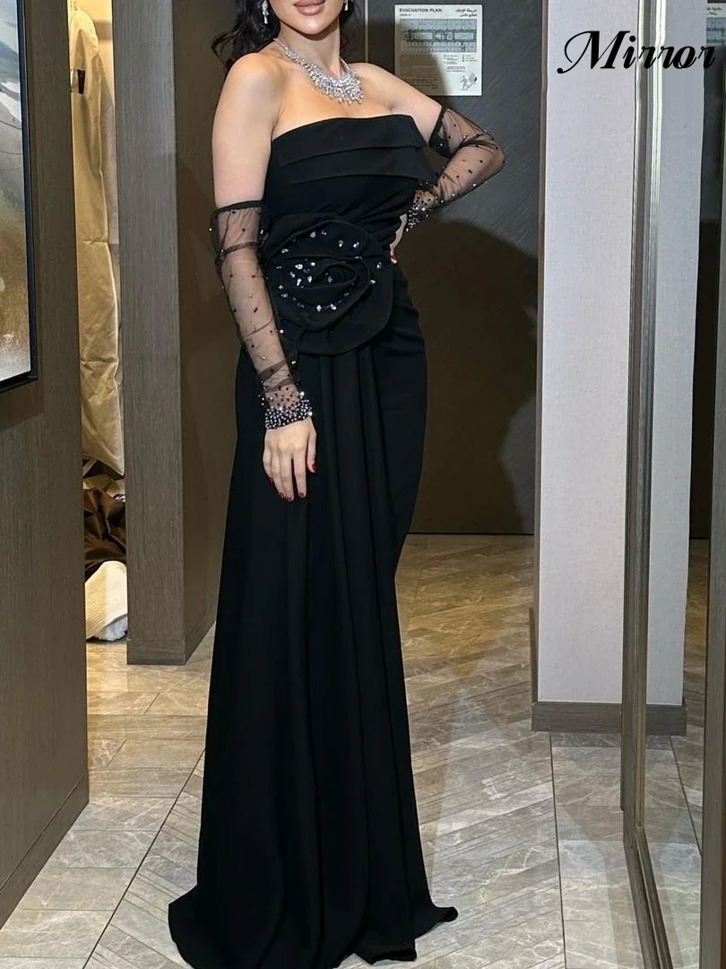 

Mirror Dress Elegant Vintage Black Beaded Crystal Flower Sexy Strapless Ruffle Formal Occasion Prom Dress Evening Party Gowns