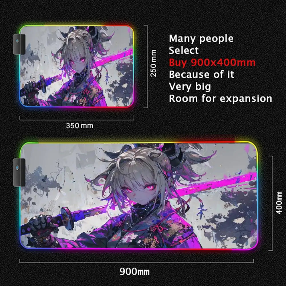 RGB Large Gaming Mouse Pad with LED Backlit - Samurai Anime Girl Design