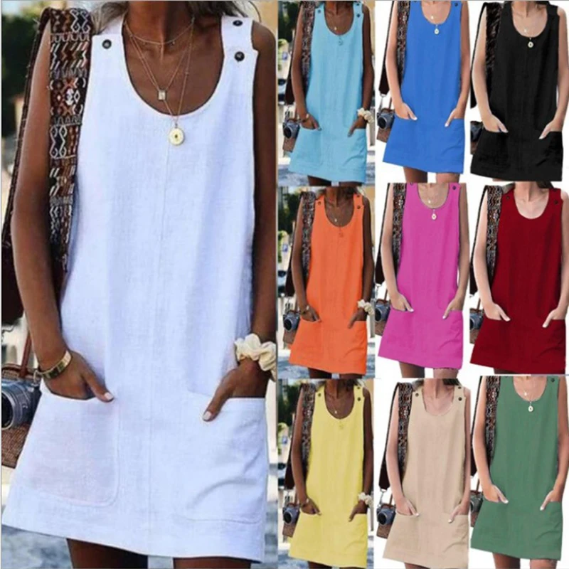 Women's Pocket Double breasted Linen Strap Dress Sleeveless Round Neck A-line Dress