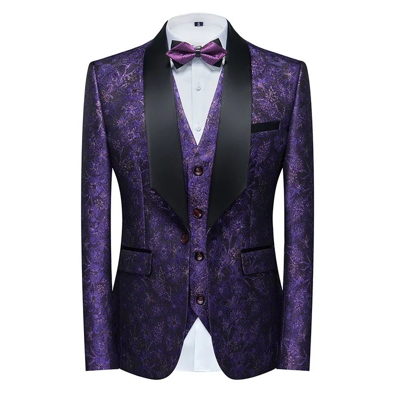 Fashion New Men's Casual Boutique Business Wedding Host Flower Color Suits 3 Pcs Set Dress Blazers Jacket Pants Vest Coat