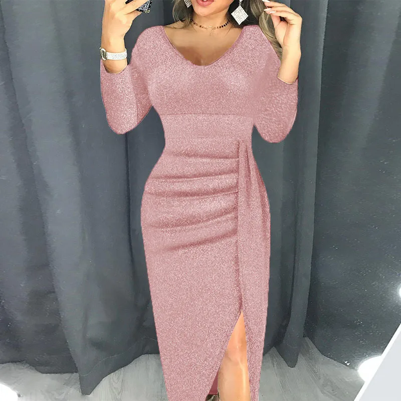 2023 New Autumn Elegant Solid V-Neck Wrap Hip Slim Fit Splice Dress Temperament Commuter Women\'s Pleated Split Evening Dress