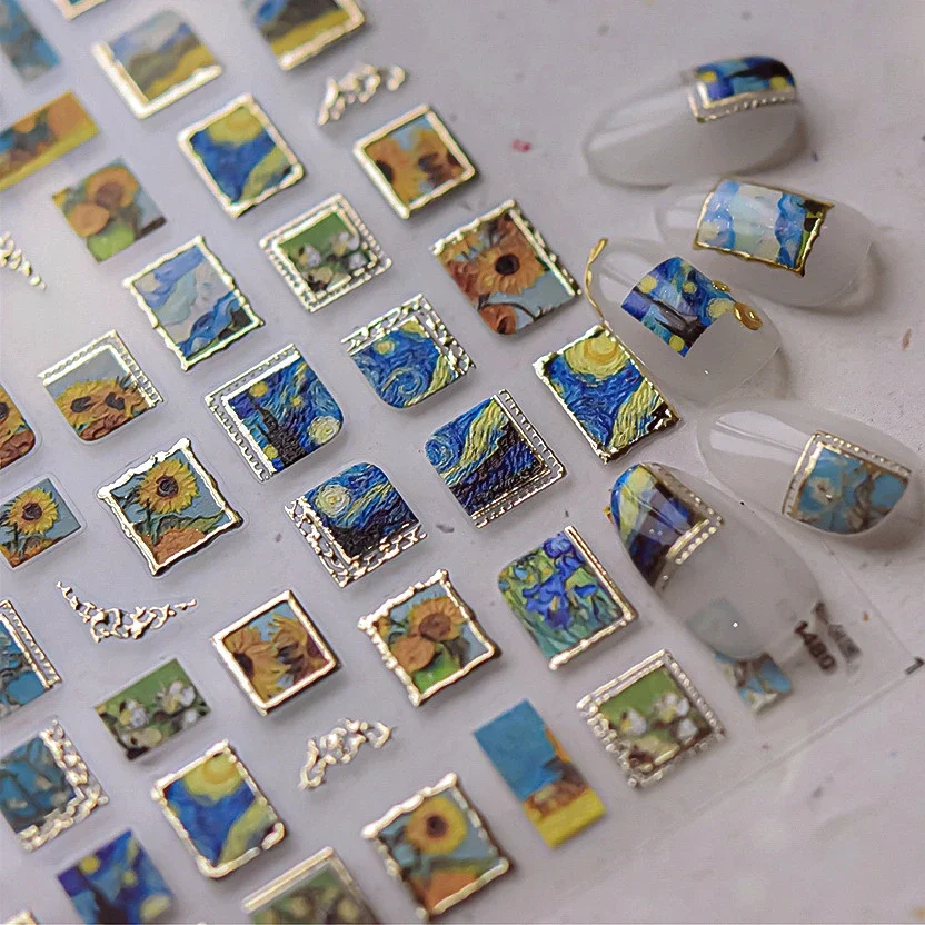 Hot Stamping Colourful Sunflower Starry Night Impressionism Embossment nail art decoration nail stickers nail decals Shiny Rhinestone Manicure Decal