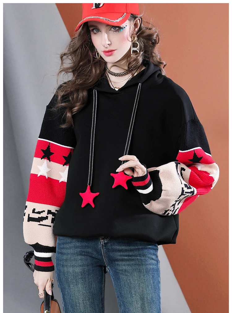 سترة نسائية بغطاء للرأس على شكل نجمة - سويت شيرت كبير الحجم مع رباط |   بلوفر كاجوال