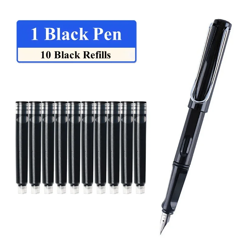 0.38mm 1 Fountain Pen +10 Refills Set Black Blue Red Ink EF Nib Student School Office Stationary Refillable Writing Supplies 6