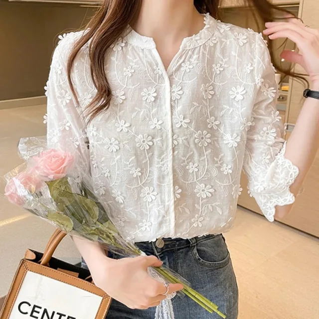 Women's Cotton Short Sleeve Lace Blouse, Summer Tops, Embroidery Floral, White Shirt, Fashion Casual Blouses, 9638 1