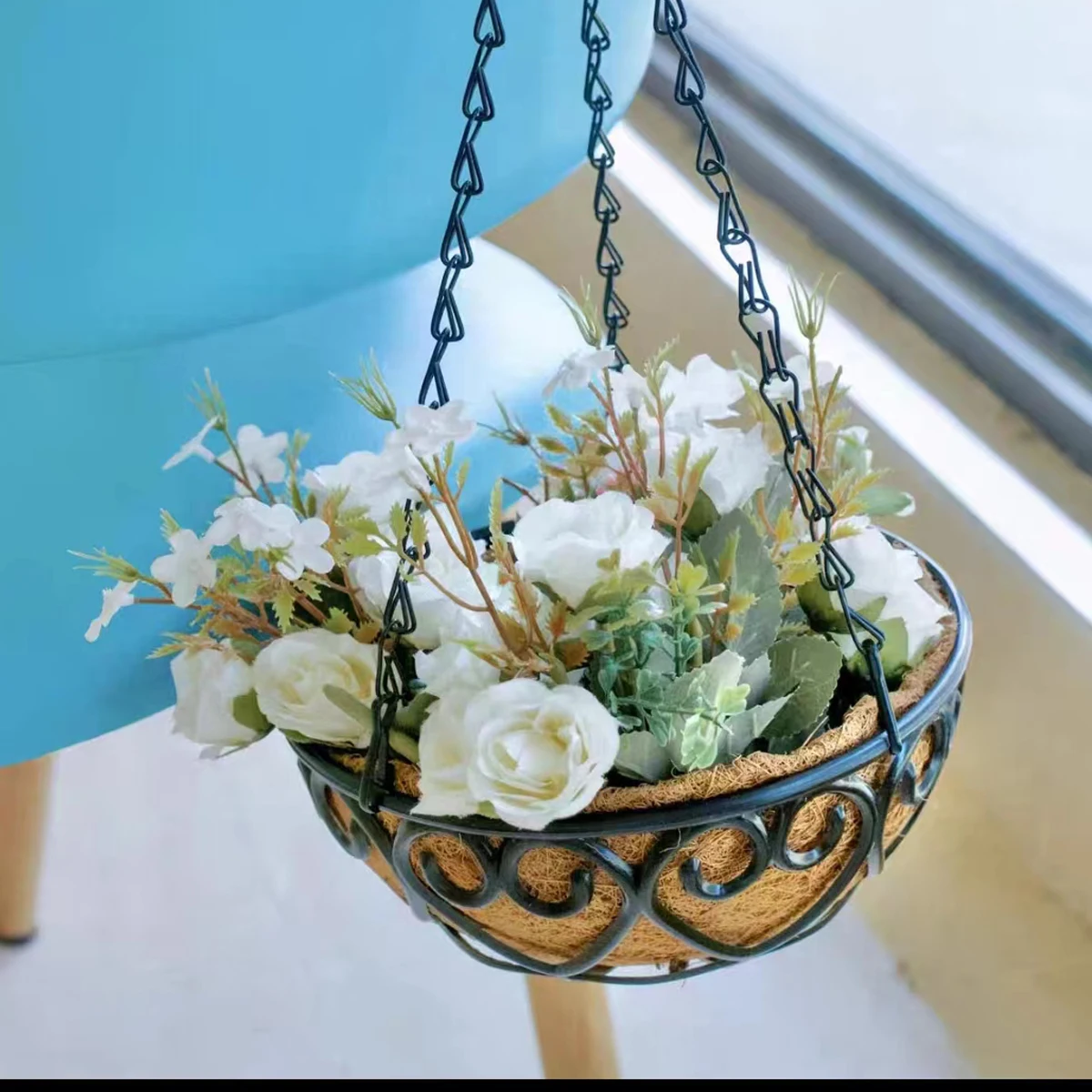 1pc Coconut Brown Round Iron Chain Hanging Basket Flowerpot European Creative Fleshy Green Plant Chlorophytum Comosum Flowerpot