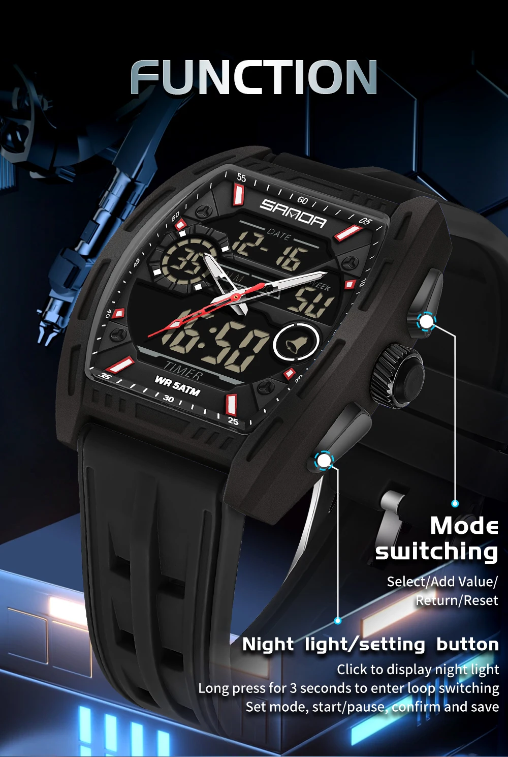Montre numérique pour homme, double affichage, calendrier, alarme lumineuse, compte à rebours, montre électronique tendance pour homme, Reloj Hombre_voghion.com