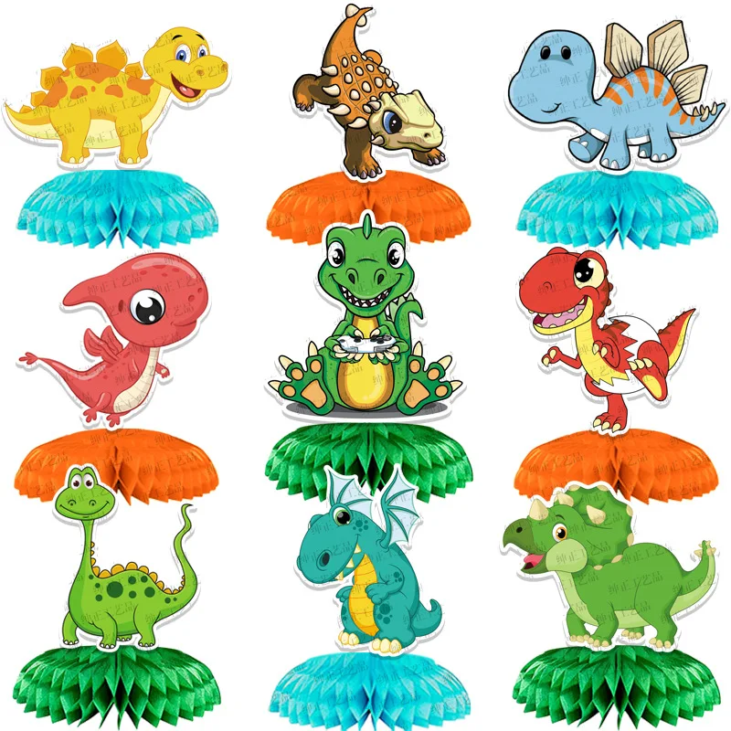 

9Pcs Dinosaur Party Decorations Table Topper Honeycomb Centerpieces T-Rex Triceratop Hanging Paper Fans for Dino Favor Decor