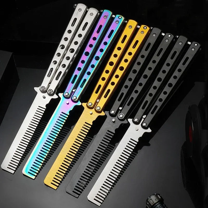 Foldable Comb Stainless Steel Practice Training Butterfly Knife Comb Beard Moustache Brushe Salon Hairdressing Styling Tool 2