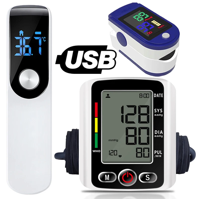 Blood Pressure Monitor Upper Arm Automatic Tonometer BP Medical Sphygmomanometer Pulse Forehead Thermometer
