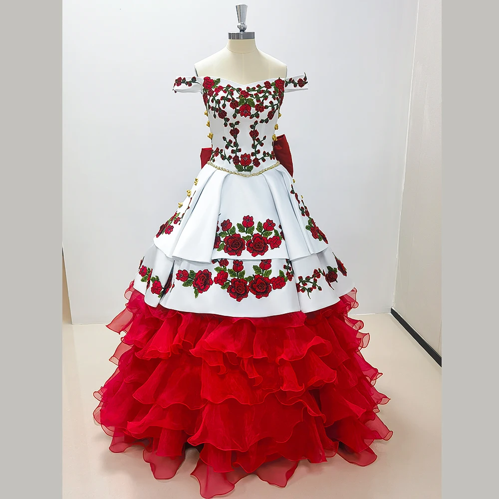 Prom Dress Gorgeous Embroidery Charro Quinceanera Off The Shoulder Bow Tiered Satin Ball Gown Sweet Evening Party party dress,quinceanera dresses