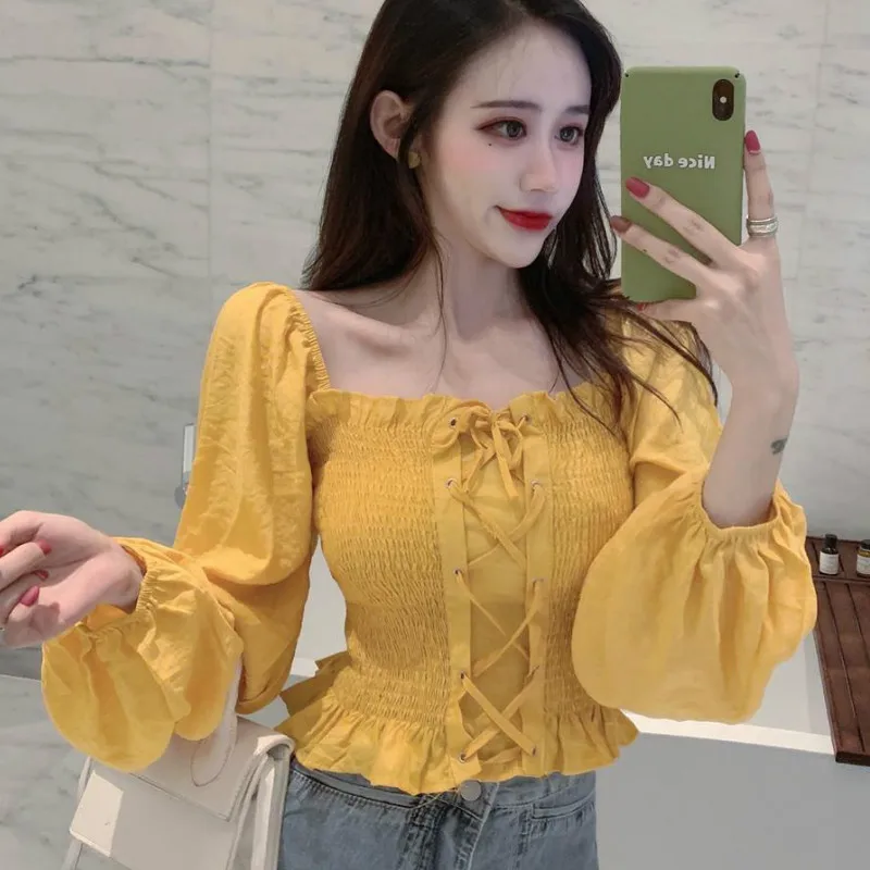 Shirts Women Square Collar Solid Bandage Sexy Korean Style Chic Leisure New Arrival Vintage Streetwear Womens Daily Fashion New hollow out shirts women peter pan collar fashion tender sweet solid young french style elegant ins new arrival chic