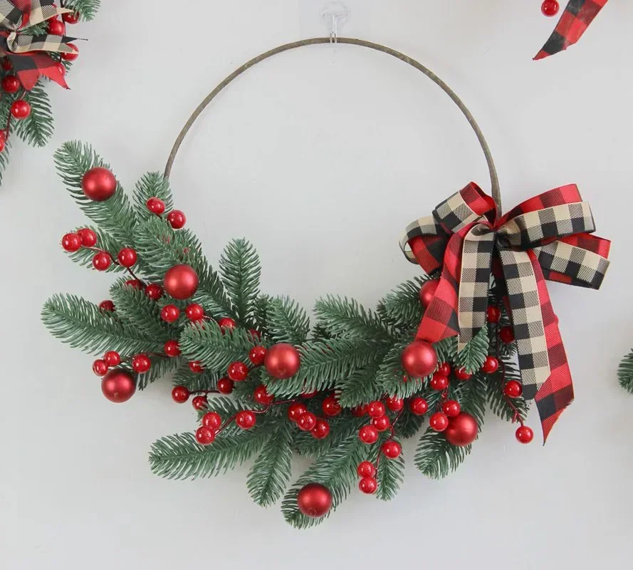 2025 New Christmas Red Berries Pine Branch Wreath Artificial Berries Snowy Pine Front Door Wreaths Wall Garland For Christmas Or - Image 3