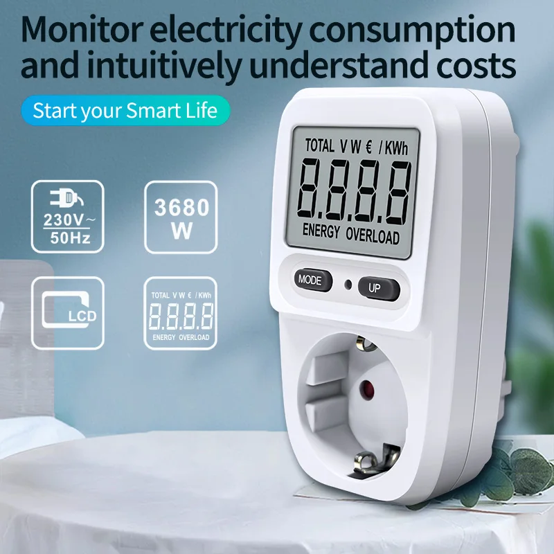 IIVVERR AC 230V UE Enchufe Consumo de Energía Uso Electrónico Watt  Calculadora Digital LCD Monitor (AC 230V Enchufe de la UE Medidor de  consumo de