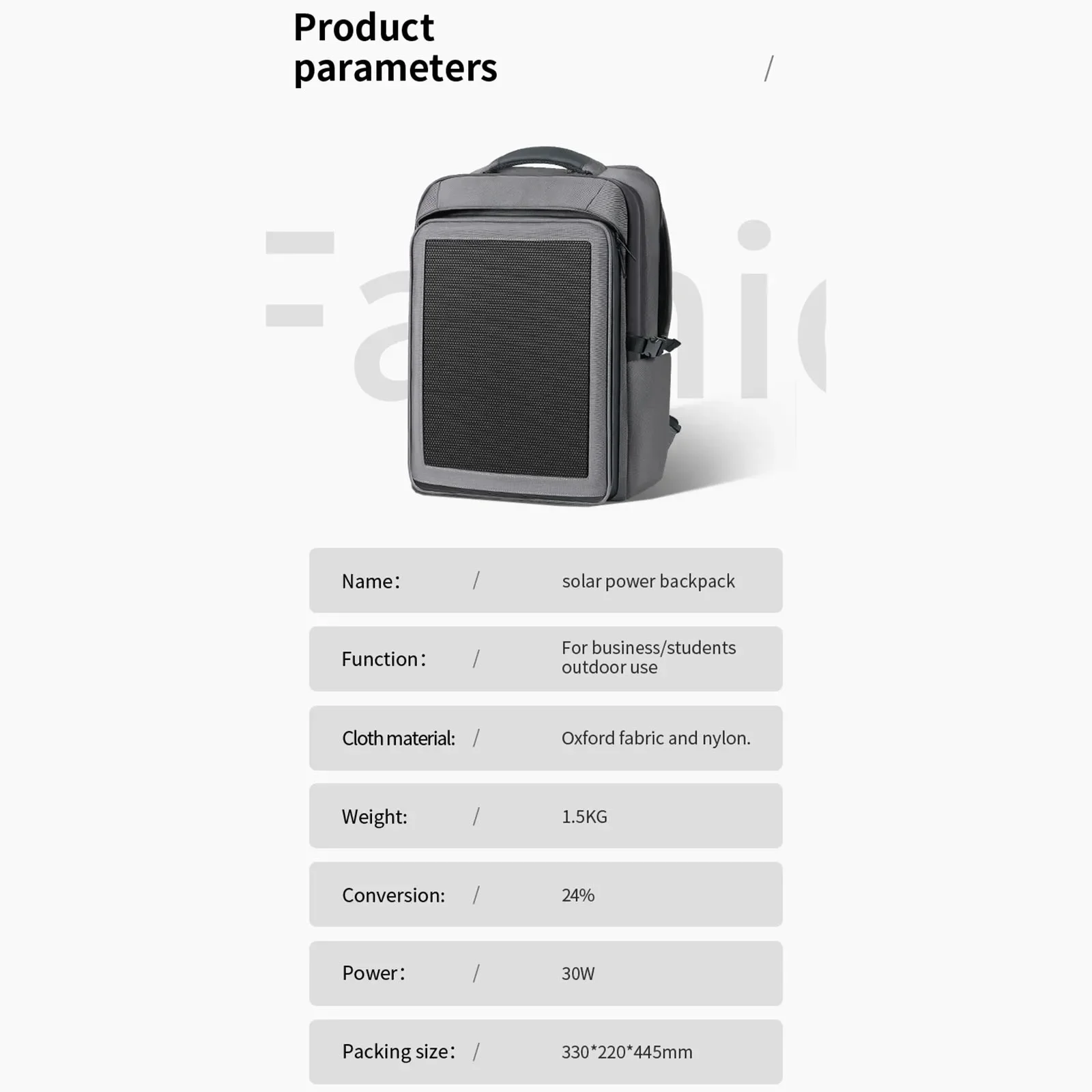 44x32x17cm 35L 태양열 충전 배낭 30W 태양 전지 패널 옥스포드 천 경량 방수 지퍼 가방 야외 가방 액세서리