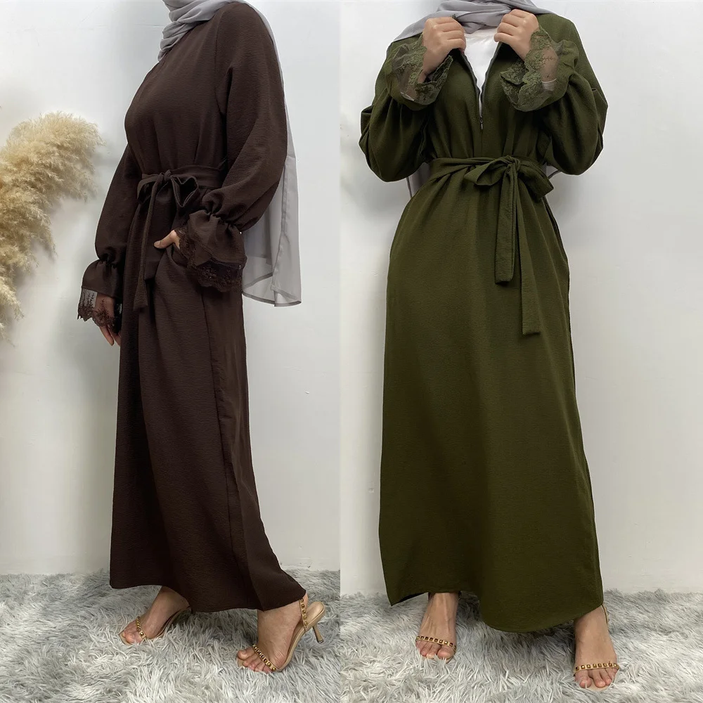 

Безынервная передняя молния Креп абайя Рамадан ИД легкая грудь Исламская одежда кружевные рукава боковые карманы мусульманское женское платье с поясом