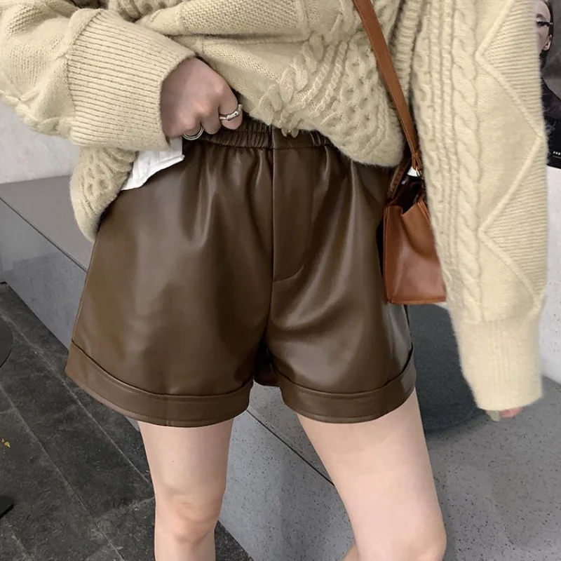 Leather Shorts Women PU High Waist Baggy Solid Harajuku Streetwear Elegant  for Ladies Шорты Женский Casual Autumn Clothing Retro| | - AliExpress