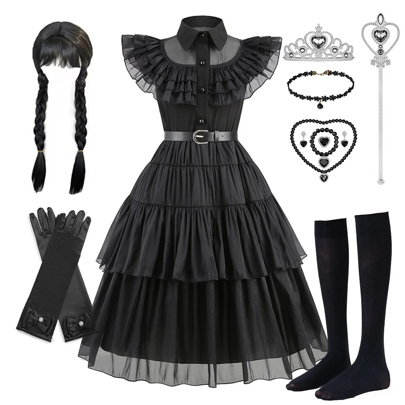 

TV Wednesday Addam Costums for Girls New Birthday Vestidos Gothic Black Mesh Dress Wednesday Cosplay Black Dress for Girl