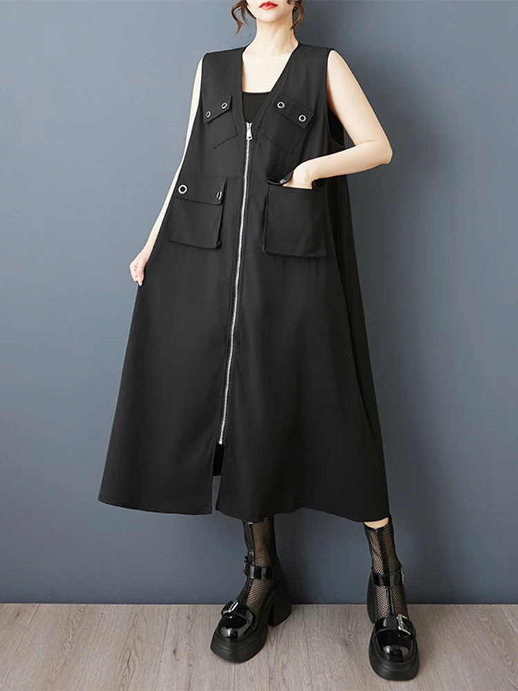 Zipper Pocket V-Neck Sleeveless Oversized Black Vintage Dresses For Women Summer New In Loose Casual Dress Elegant Clothing 2025